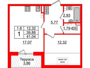 Квартира в ЖК Зеленый квартал на Пулковских высотах, 1 комнатная, 39.88 м², 5 этаж