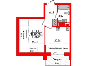Квартира в ЖК Зеленый квартал на Пулковских высотах, 1 комнатная, 32.25 м², 5 этаж