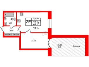 Квартира в ЖК New Питер, 1 комнатная, 46.1 м², 2 этаж