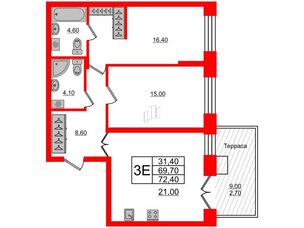 Квартира в ЖК New Питер, 2 комнатная, 72.4 м², 1 этаж