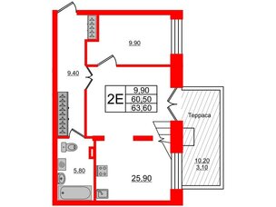 Квартира в ЖК New Питер, 2 комнатная, 63.6 м², 1 этаж