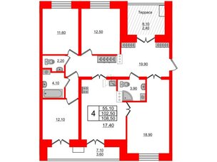 Квартира в ЖК New Питер, 4 комнатная, 108.5 м², 9 этаж