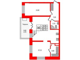 Квартира в ЖК New Питер, 3 комнатная, 83.1 м², 1 этаж