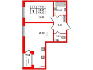 Квартира в ЖК 'Парадный ансамбль', 1 комнатная, 43.34 м², 5 этаж