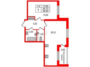Квартира в ЖК 'Парадный ансамбль', 1 комнатная, 44.73 м², 5 этаж