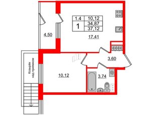 Квартира в ЖК 'Парадный ансамбль', 1 комнатная, 34.87 м², 1 этаж