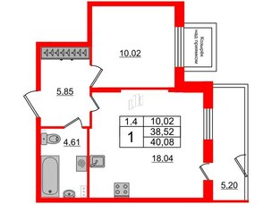 Квартира в ЖК 'Парадный ансамбль', 1 комнатная, 38.52 м², 1 этаж