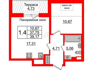 Квартира в ЖК Зеленый квартал на Пулковских высотах, 1 комнатная, 37.75 м², 5 этаж
