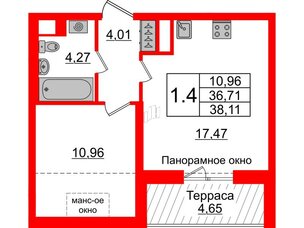 Квартира в ЖК Зеленый квартал на Пулковских высотах, 1 комнатная, 36.71 м², 5 этаж