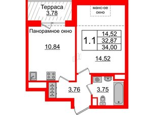 Квартира в ЖК Зеленый квартал на Пулковских высотах, 1 комнатная, 32.87 м², 5 этаж