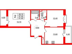Квартира в ЖК Квартал Che, 2 комнатная, 61.4 м², 7 этаж