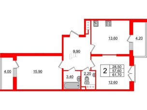 Квартира в ЖК Квартал Che, 2 комнатная, 61.7 м², 6 этаж
