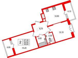 Квартира в ЖК Квартал Che, 2 комнатная, 55.8 м², 7 этаж