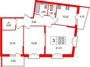 Квартира в ЖК Квартал Che, 3 комнатная, 82.5 м², 4 этаж