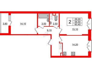 Квартира в ЖК Квартал Che, 2 комнатная, 60.4 м², 7 этаж