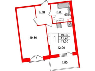 Квартира в ЖК Квартал Che, 1 комнатная, 43.3 м², 4 этаж