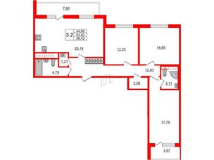 Квартира в ЖК «Чистое небо», 3 комнатная, 93.83 м², 18 этаж